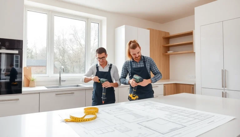 Skilled kitchen fitters installing modern cabinets in a stylish kitchen