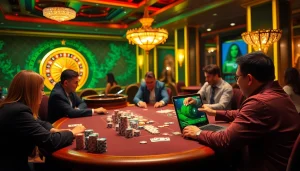 Players enjoying thrilling poker games at a casino table while engaging with https://nhacaiuytin.place/ for online betting insights.