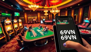 Experience the excitement of gambling with 69VN at a lively poker table, complete with stunning slot machines.