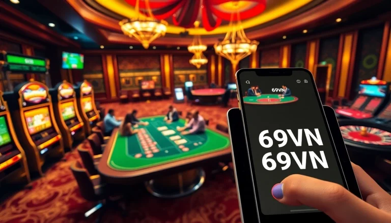 Experience the excitement of gambling with 69VN at a lively poker table, complete with stunning slot machines.