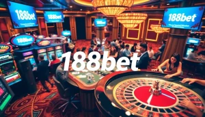 188bet’s casino scene with players at the roulette and slots, showcasing excitement and glamour.