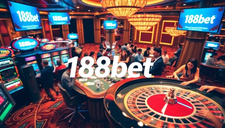 188bet’s casino scene with players at the roulette and slots, showcasing excitement and glamour.
