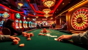 Players enjoy high-stakes poker at a casino, discussing strategies using spicy chat ai for savvy betting tactics.