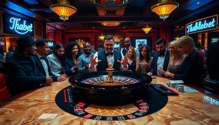 Thabet-themed casino action at a vibrant roulette table with excited players.