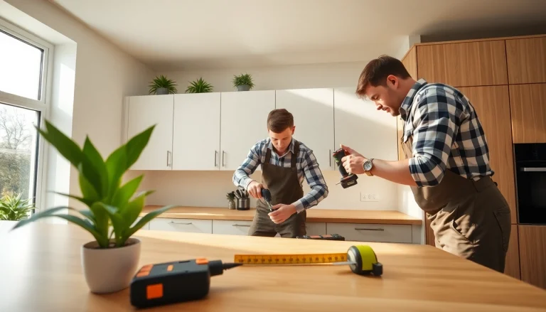 Expert kitchen fitters installing stylish cabinetry in a modern kitchen space.