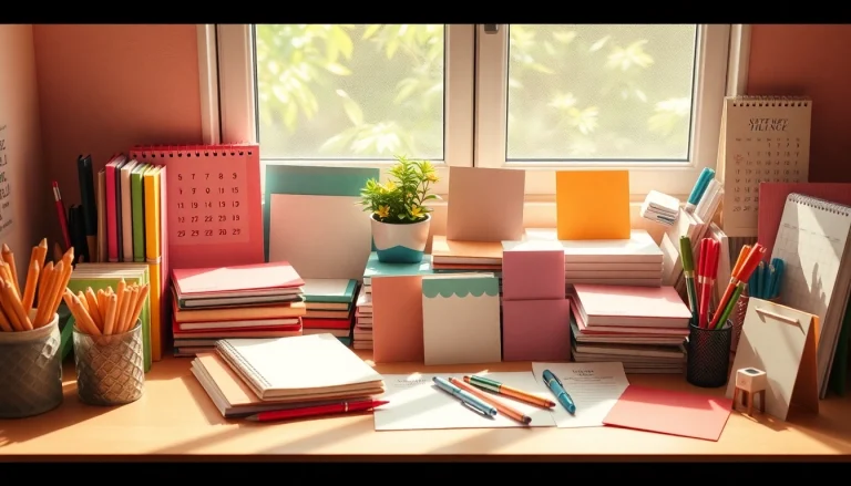 Showcasing creative discount stationery items, vibrant notebooks, and elegant pens.