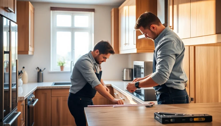 Kitchen fitters expertly installing wooden cabinetry in a sunlit kitchen