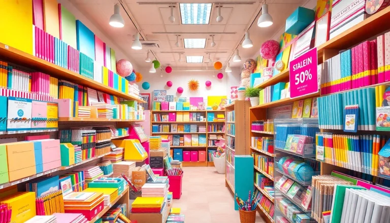 Discover a vibrant array of discount stationery including colorful notebooks, pens, and unique paper products on display.