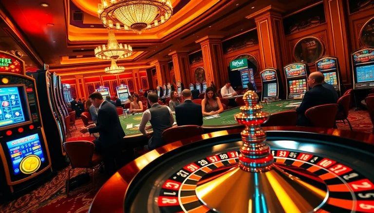Exciting gameplay at Refuel Casino with players at poker tables and bright slot machines.