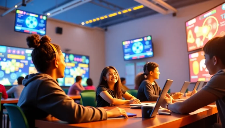 A dynamic scene showcasing students engaging with a gamification learning platform, enhancing their interactive experience.