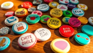Explore colorful button pins showcasing unique designs and playful statements.