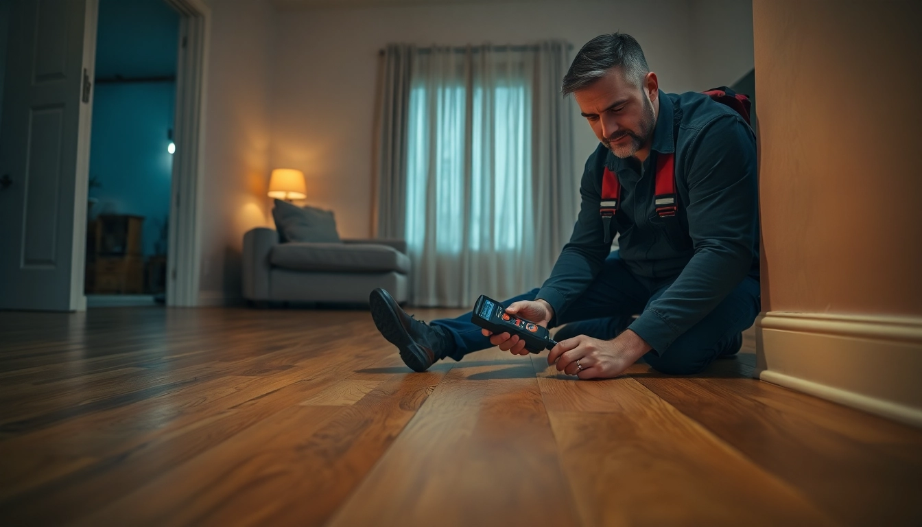 Underfloor Leak Detection technician uses advanced tools to identify leaks beneath floorboards.