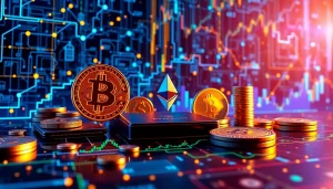 Cryptocurrency portfolio analysis with advanced trading charts, digital wallets, and blockchain network visualizations