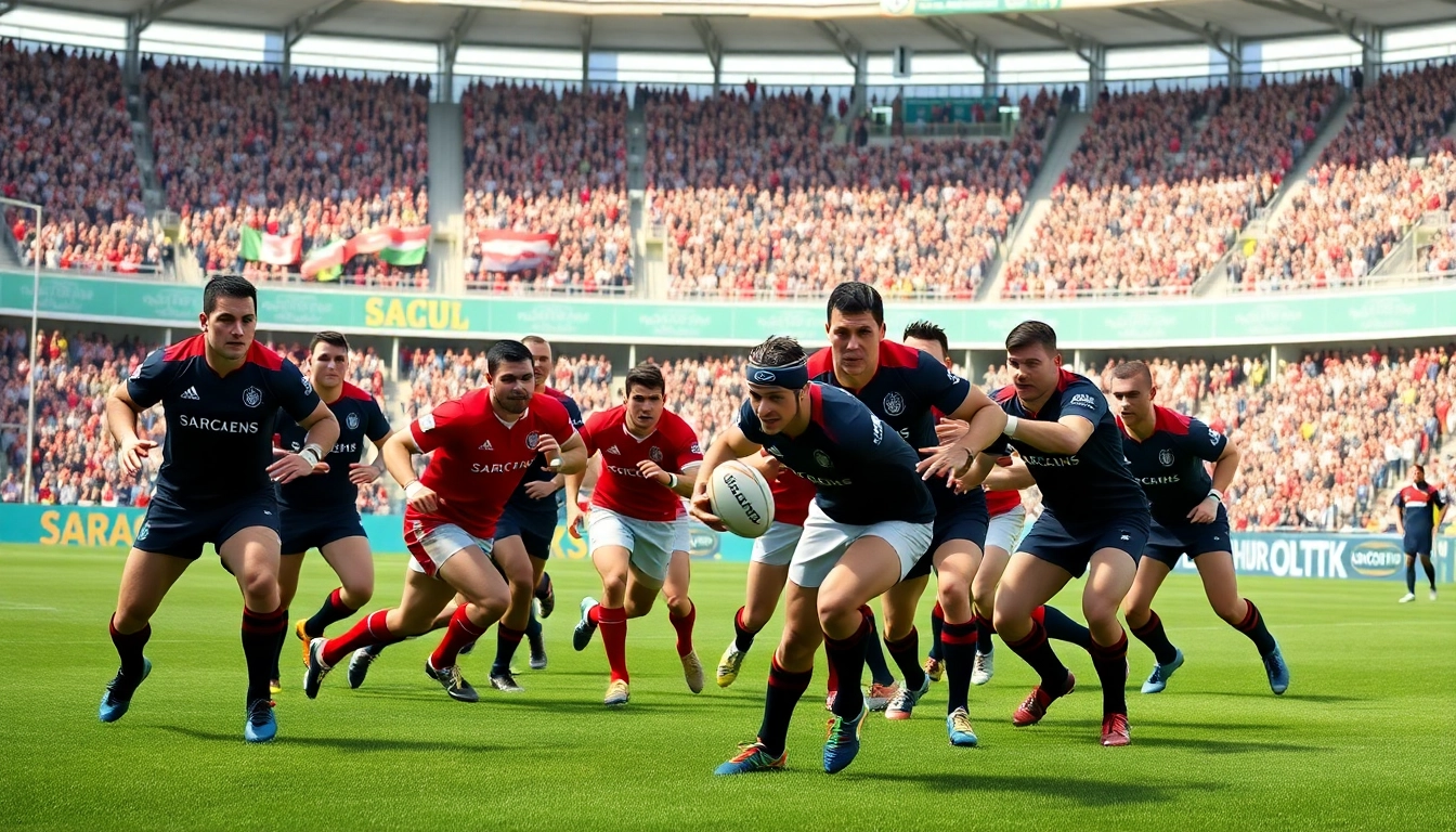Saracens rugby team showcasing teamwork in an intense match