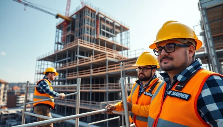 Scaffolders Bolton securing scaffolding on a multi-story building under bright daylight.