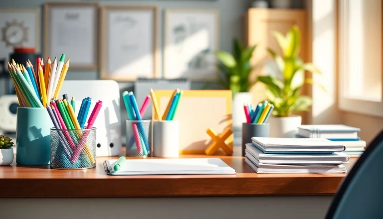 Explore office stationery supplies with colorful pens and organized notebooks.