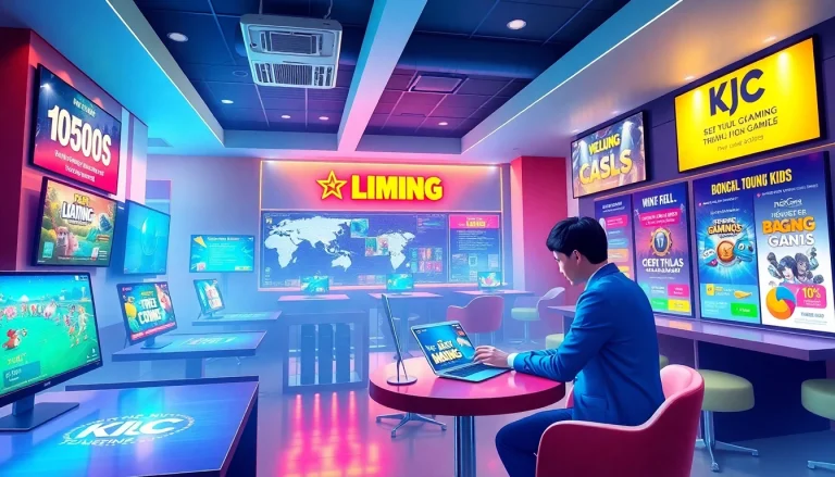 LIÊN MINH KJC modern gaming hub with users interacting and digital displays