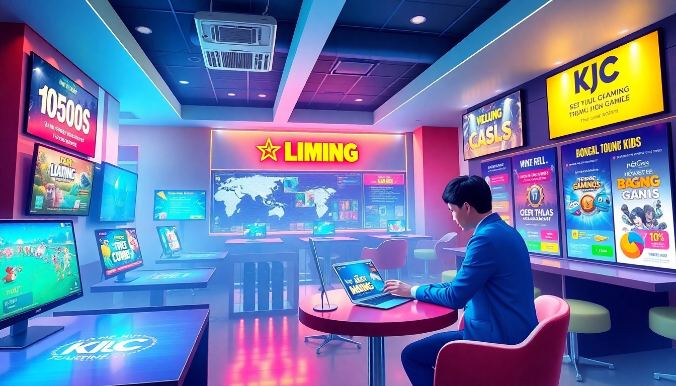 LIÊN MINH KJC modern gaming hub with users interacting and digital displays