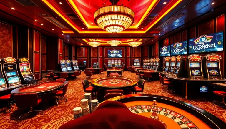 Experience the excitement of gambling at QQ88z Net, featuring vibrant casino tables and slot machines.