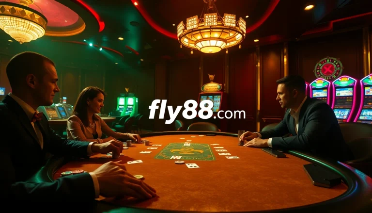 High-stakes poker at fly88.com, showcasing luxury gambling dynamics and vibrant casino elements.