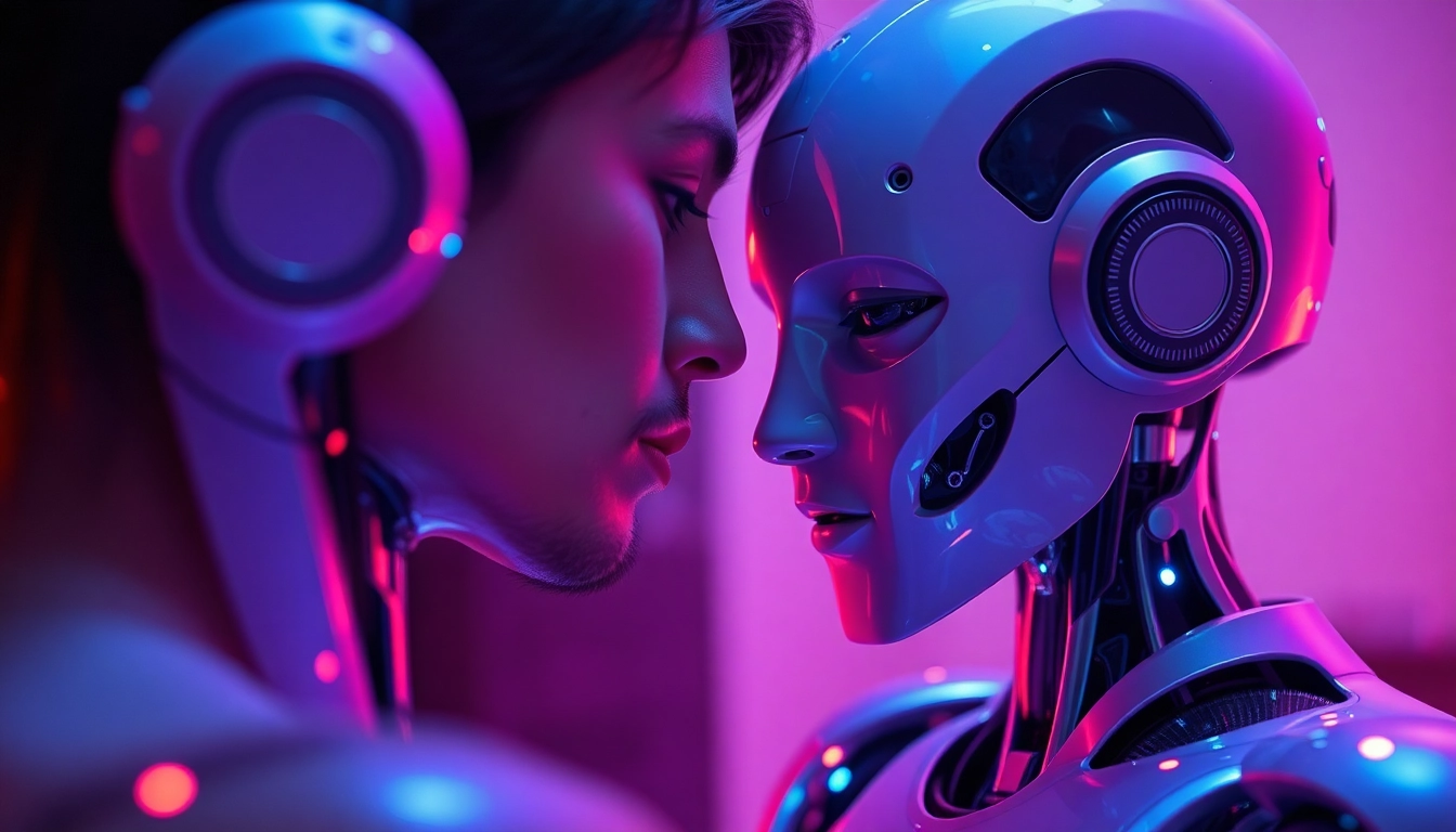 Intimate interaction showcasing sex ai technology in a romantic, futuristic setting.