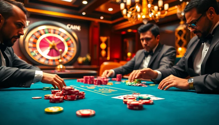 The excitement of high-stakes poker at https://99win1.us.com/, featuring colorful chips and intense players.