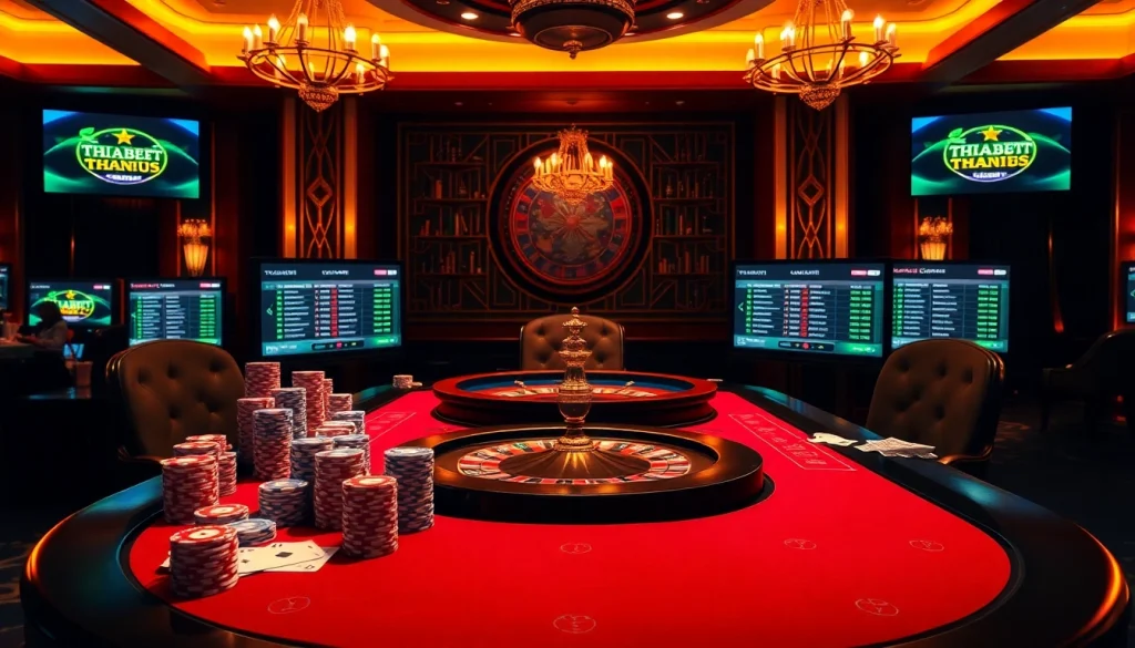 Experience the thrill of winning at https://thabet.vegas/ with luxury casino elements, cards, and chips.