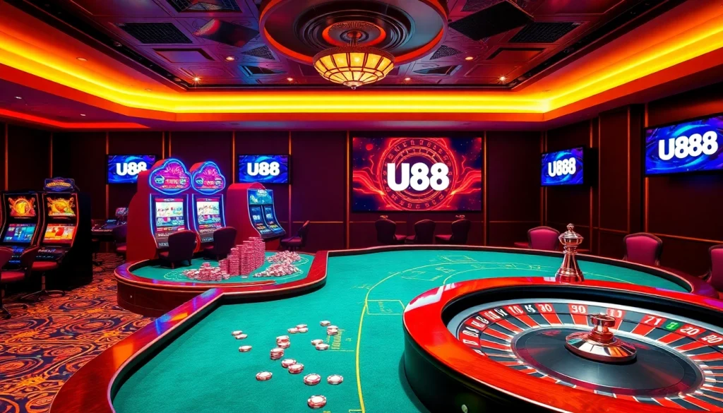 Experience the thrill of U88's online casino with vibrant gaming tables and slot machines.