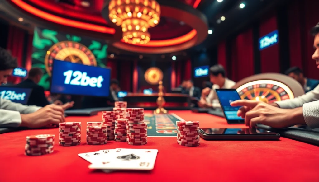 Engage with the thrill of 12bet gaming at a luxurious casino table featuring poker chips and cards.