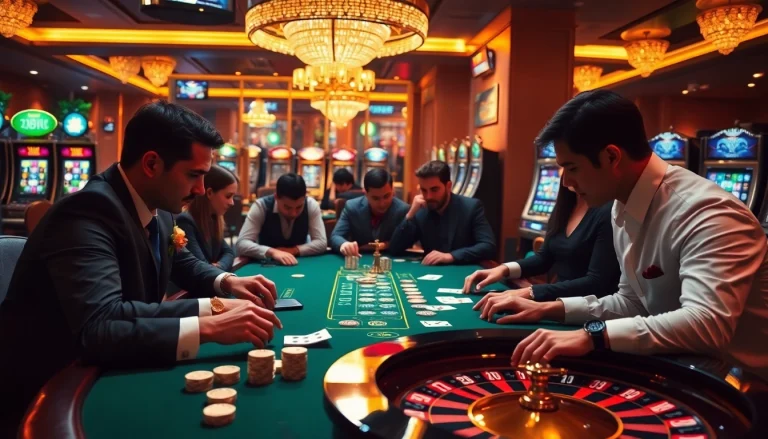 Intensely focused players enjoy a poker game at 13win's modern casino table, surrounded by chips and cards.
