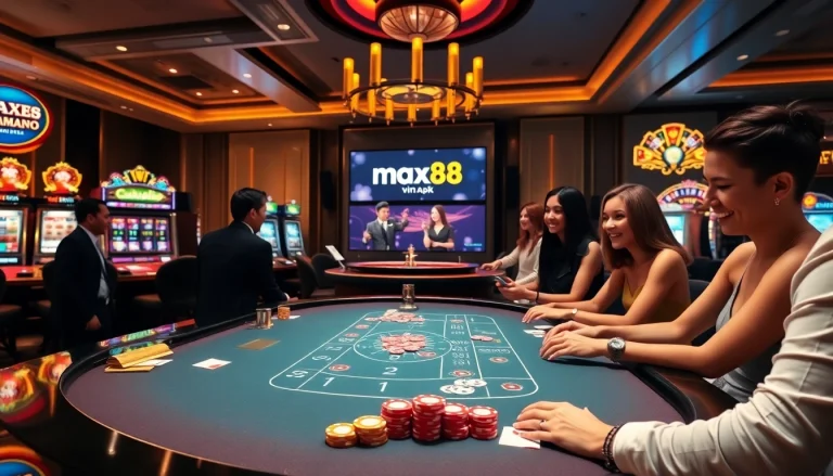 Experience the excitement of max88 vin apk in a vibrant casino setting with gaming tables and enthusiastic players.