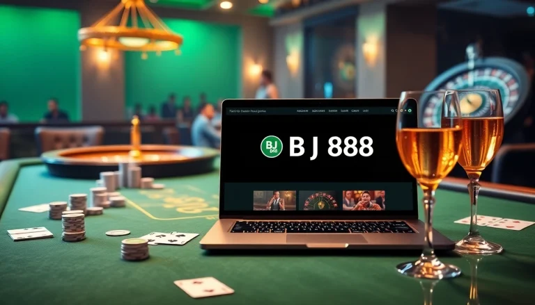 Experience the excitement of BJ 888 online gambling with a vibrant casino atmosphere featuring poker chips and roulette.