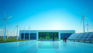 trusted cloud mining sites showcased in a modern renewable energy facility with wind turbines and solar panels