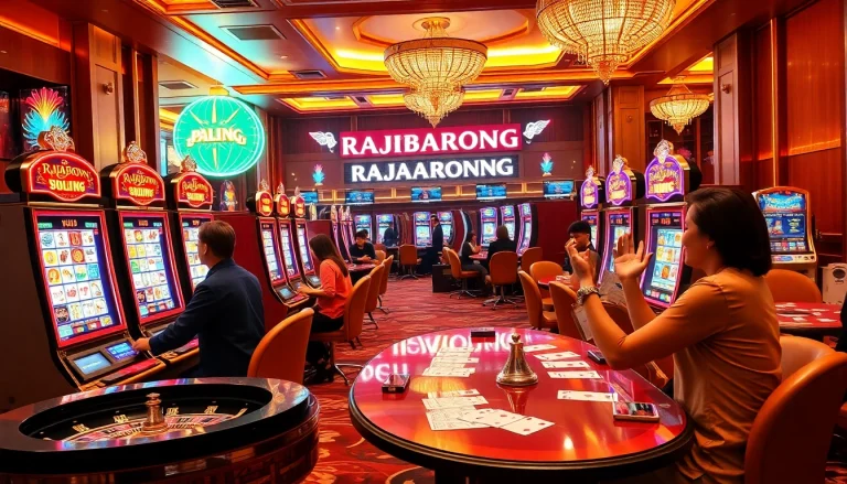 RAJABARONG showcases players celebrating wins at vibrant slot machines in a luxurious casino setting.