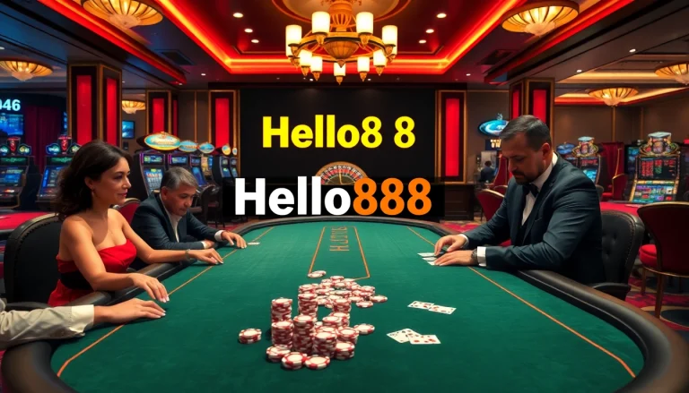 Engaging players at the Hello88 casino table with cards and chips in a luxurious setting.