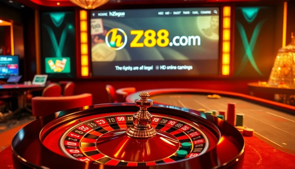 Exciting gaming experience at hz88.com with poker chips and roulette wheel.