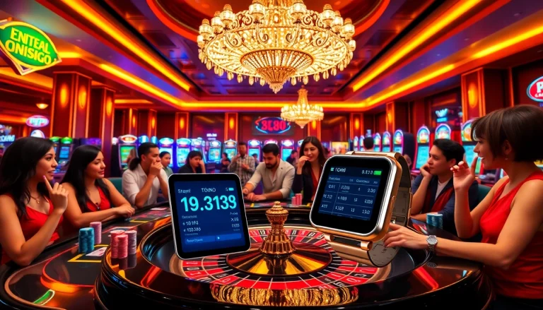 Experience the thrill of gaming at a TG88 smartwatch-enabled casino table with vibrant slot machines.