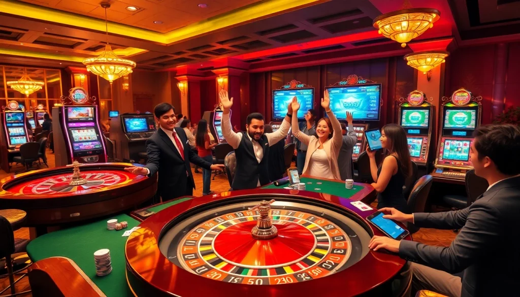 Gamblers enjoying a rich gaming experience at GG88's online casino with vibrant visuals.