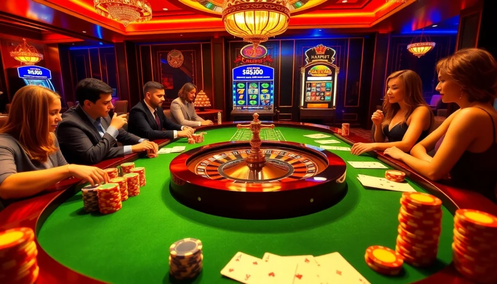 A captivating casino scene showcasing red88 vt with engaged gamblers at a roulette table, vibrant colors, and lively atmosphere.
