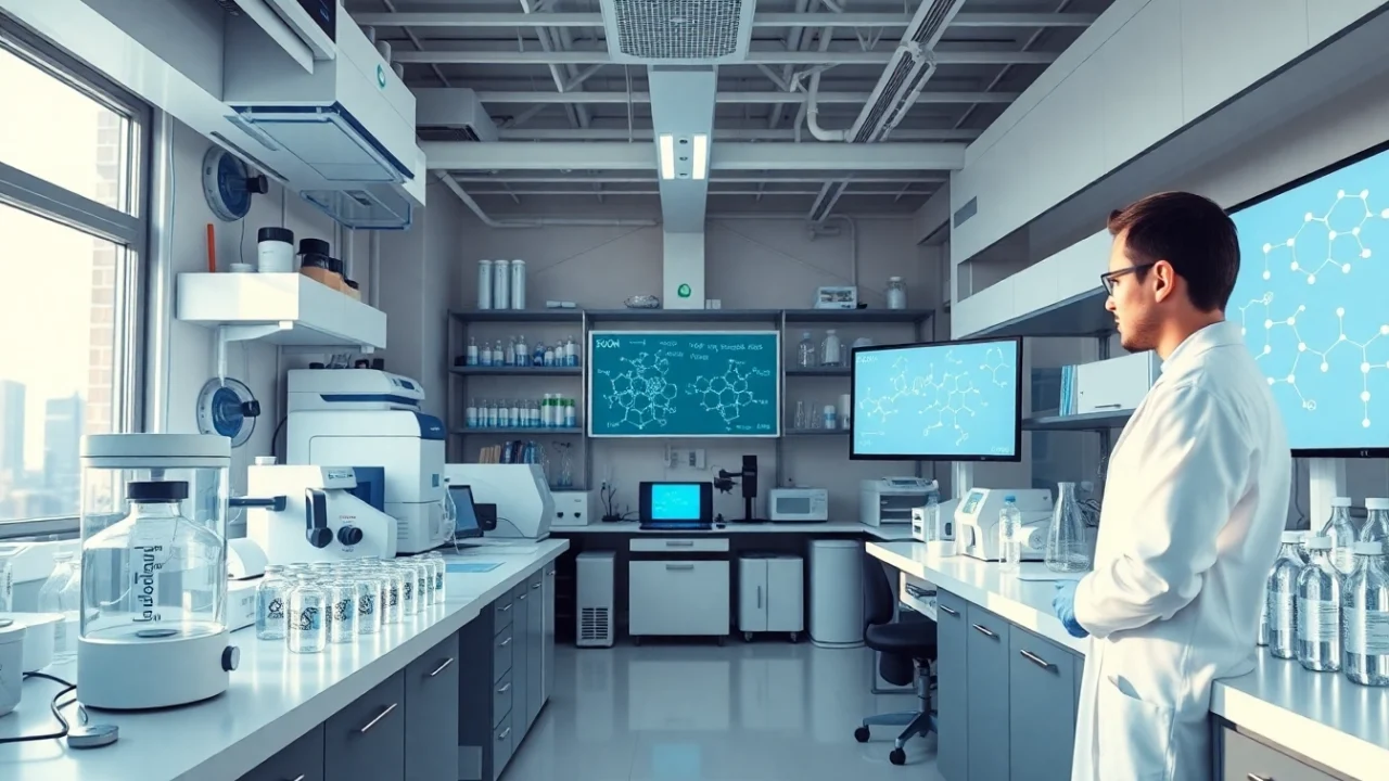 Modern laboratory with researchers and peptide analysis equipment, highlighting utherpeptide.com focus.
