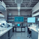 Modern laboratory with researchers and peptide analysis equipment, highlighting utherpeptide.com focus.