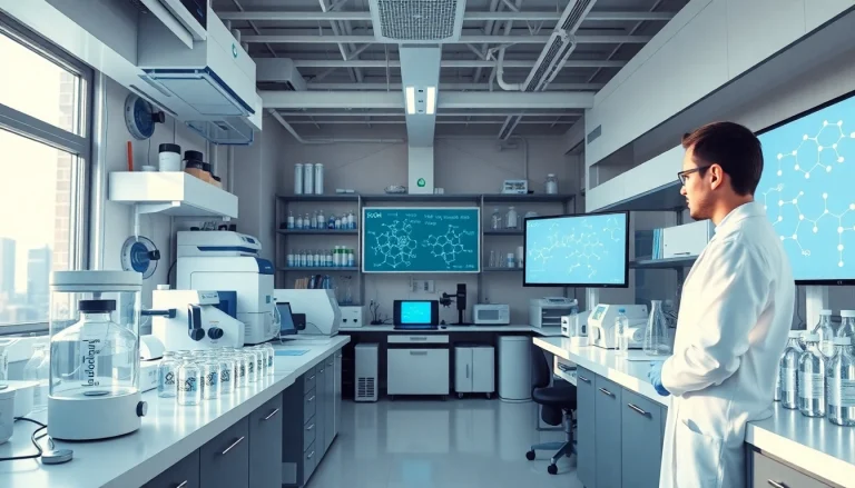 Modern laboratory with researchers and peptide analysis equipment, highlighting utherpeptide.com focus.