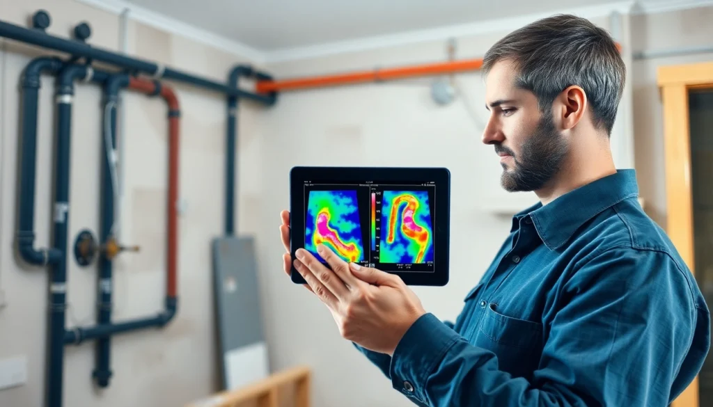 Water leak detection technician using thermal imaging in a home setting.