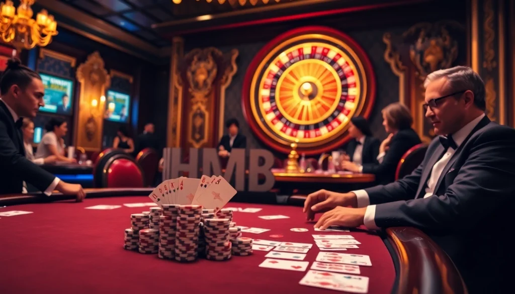 Engaged players at an HM88 poker table, experiencing luxury and excitement in a casino setting.