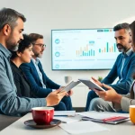 Consulente finanziario coinvolto nell'assistenza ai clienti con Approfondisci Quiz Autodiagnosi Sovraindebitamento in un ufficio moderno.