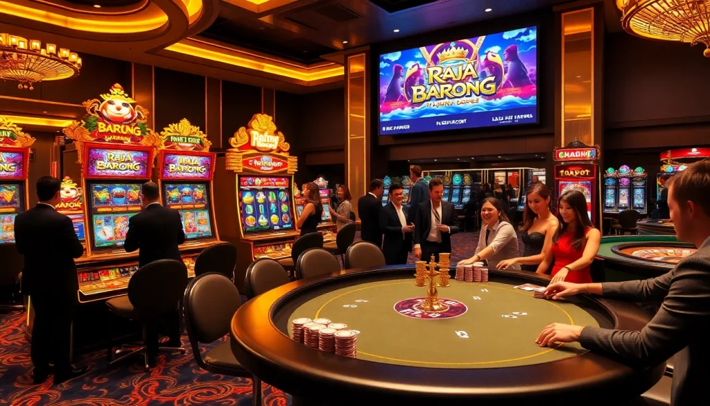 Play raja barong slot at a luxurious casino with vibrant machines and excited players.