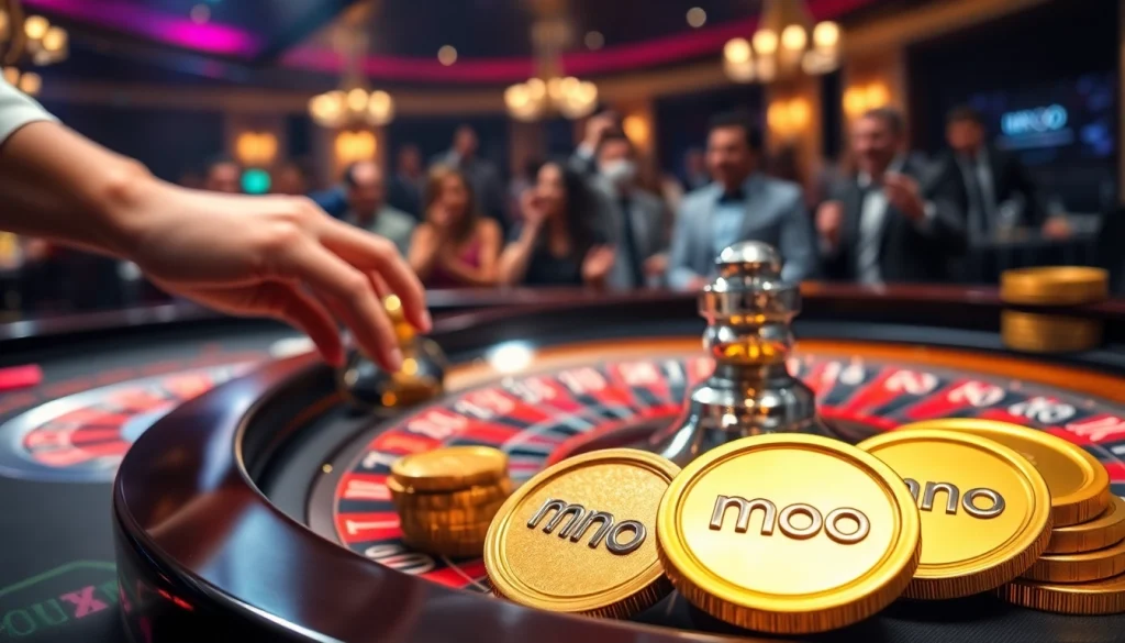 Thrilling casino experience with mmoo-themed chips and a vibrant roulette table.