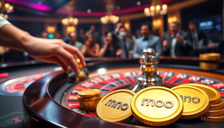 Thrilling casino experience with mmoo-themed chips and a vibrant roulette table.