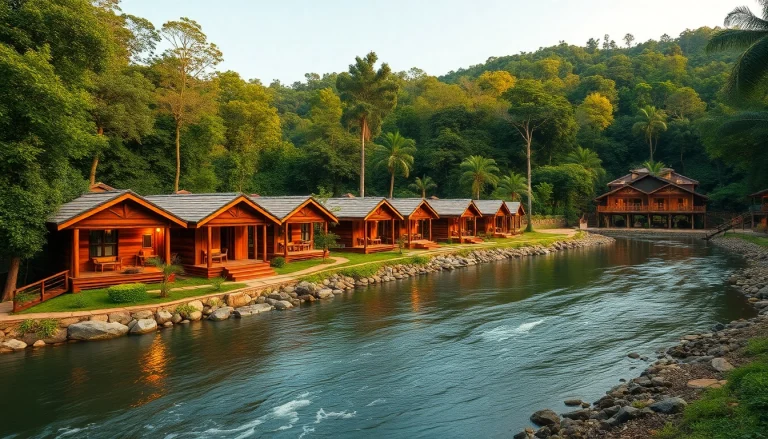 Dandeli Hotels showcasing riverside cottages amidst lush greenery for adventure seekers and nature lovers.