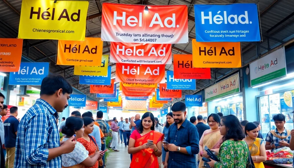 Engaging marketplace scene featuring diverse individuals showcasing Hela Ad services, vibrant colors, and friendly interactions.